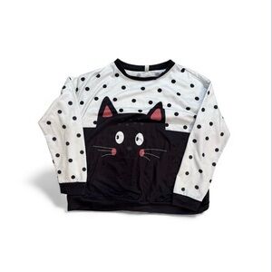 Pixie Lady Size L Cat Print Long Sleeve Top Polka Dot BLK Black White Whimsical